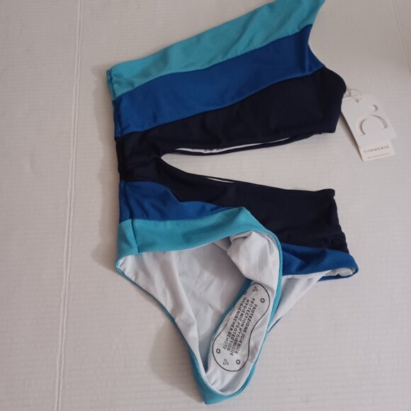 COMMENSE ASYMMETRICAL STRIPED ONE SHOULDER CUTOUT SWIMSUIT BLUE SIZE SMALL - Picture 5 of 10